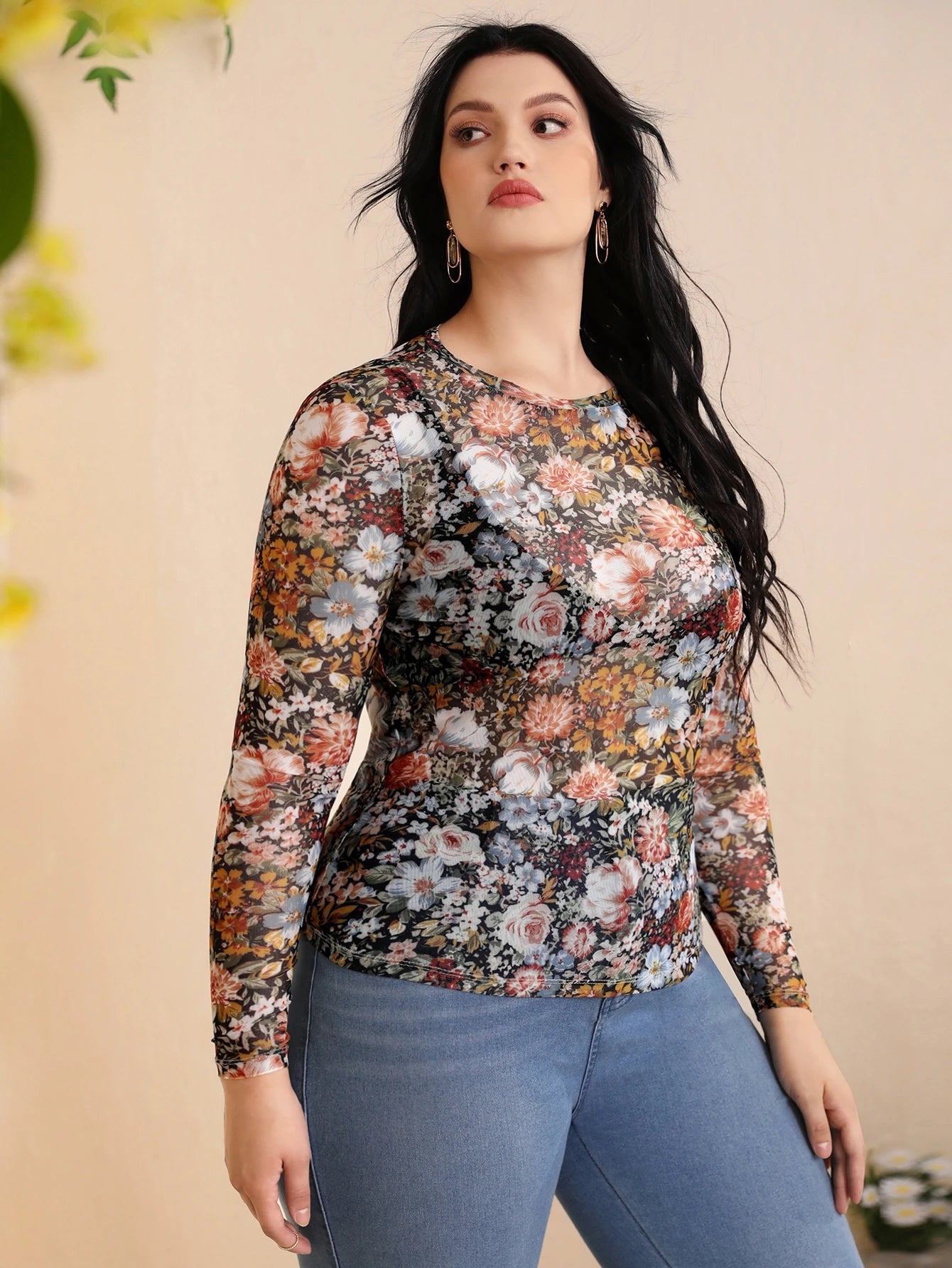Privé Plus Floral Print Mesh Top