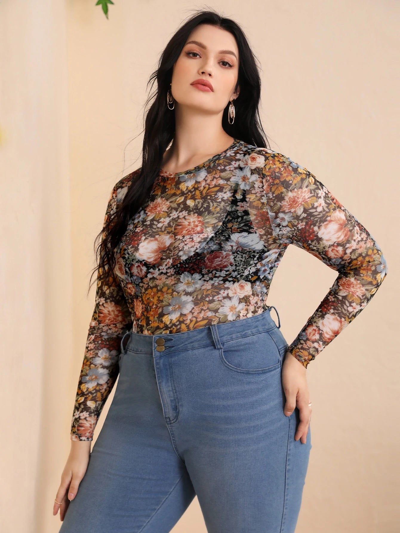 Privé Plus Floral Print Mesh Top