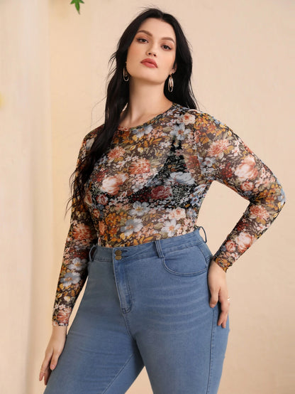 Privé Plus Floral Print Mesh Top