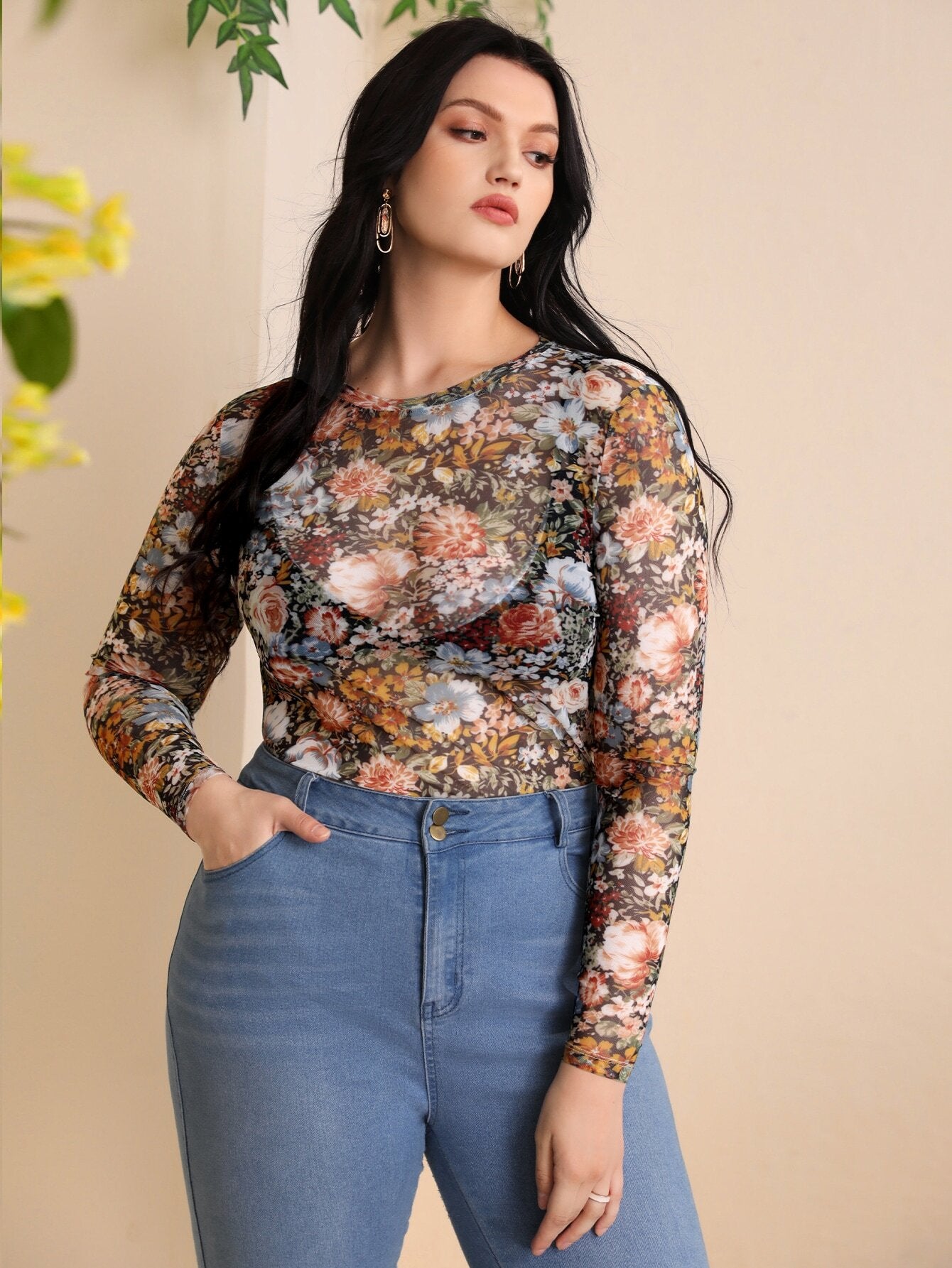 Privé Plus Floral Print Mesh Top