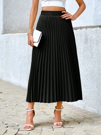 Privé Women's Solid Color High Waisted Pleated Skirt, Elegant,Sun Skirt