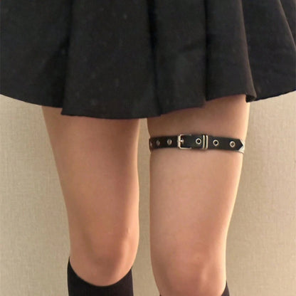 Punk Black Leather Thigh Garter, Adjustable Buckle Rivet Leg Harness For Summer Graduation Cosplay Goth Streetwear, Rebellious Avant-Garde Accessory