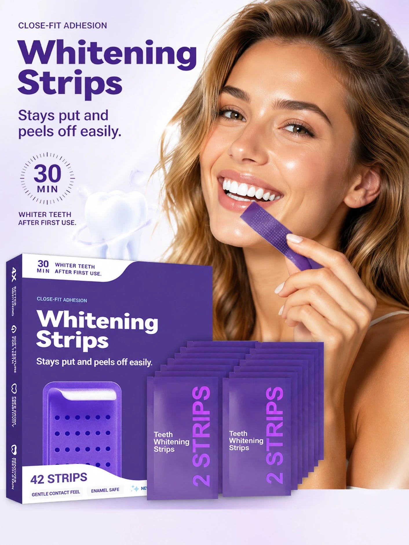 Purple Teeth Whitening Strips 21 Treatments- Safety For Enamel- Non Sensitive Teeth Whitening- Whitening Without Any Harm- Pack Of 42 Strips