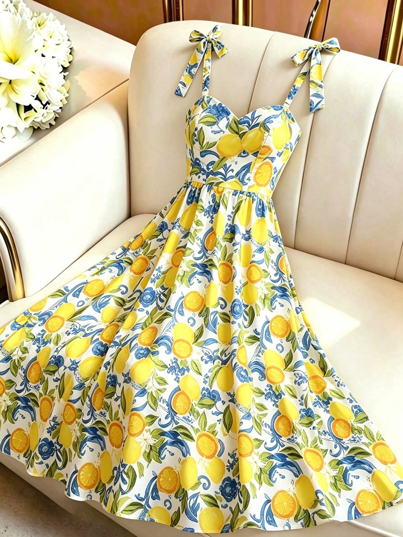 Qadelle Women's Summer Tie Shoulder Decor Beach Vacation Holiday Casual Long Dress With Lemon Floral Print
