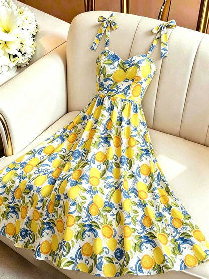 Qadelle Women's Summer Tie Shoulder Decor Beach Vacation Holiday Casual Long Dress With Lemon Floral Print