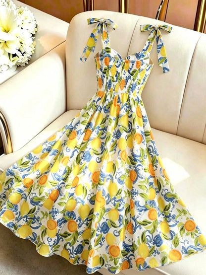 Qadelle Women's Summer Tie Shoulder Decor Beach Vacation Holiday Casual Long Dress With Lemon Floral Print