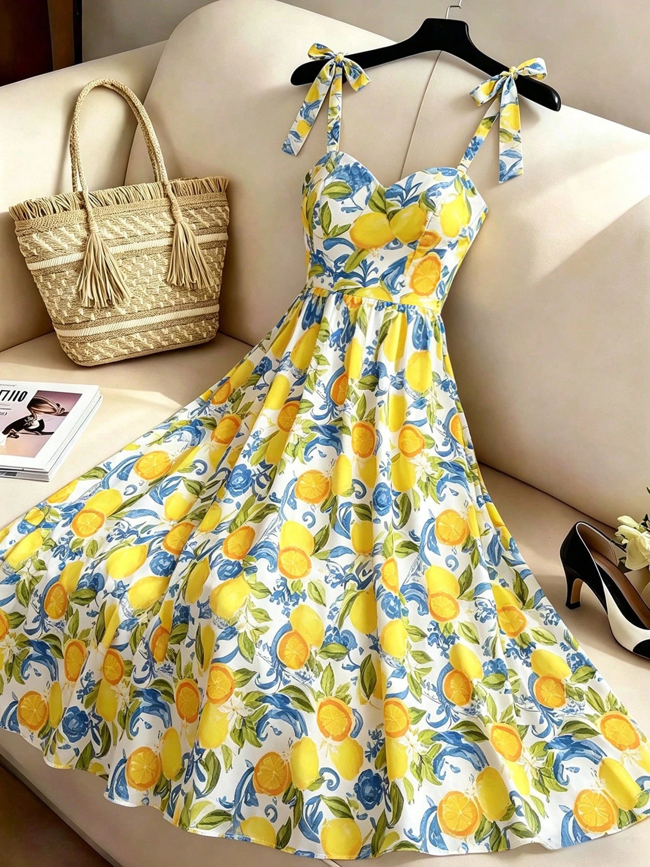 Qadelle Women's Summer Tie Shoulder Decor Beach Vacation Holiday Casual Long Dress With Lemon Floral Print