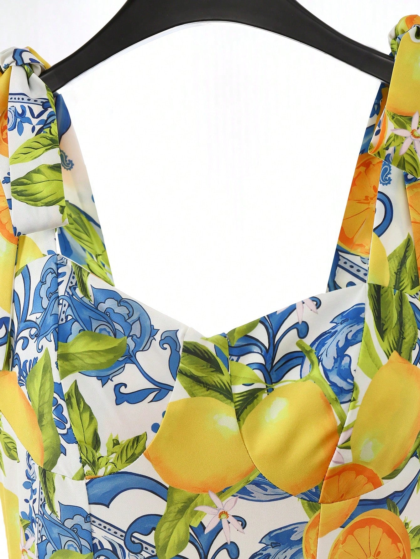 Qadelle Women's Summer Tie Shoulder Decor Beach Vacation Holiday Casual Long Dress With Lemon Floral Print