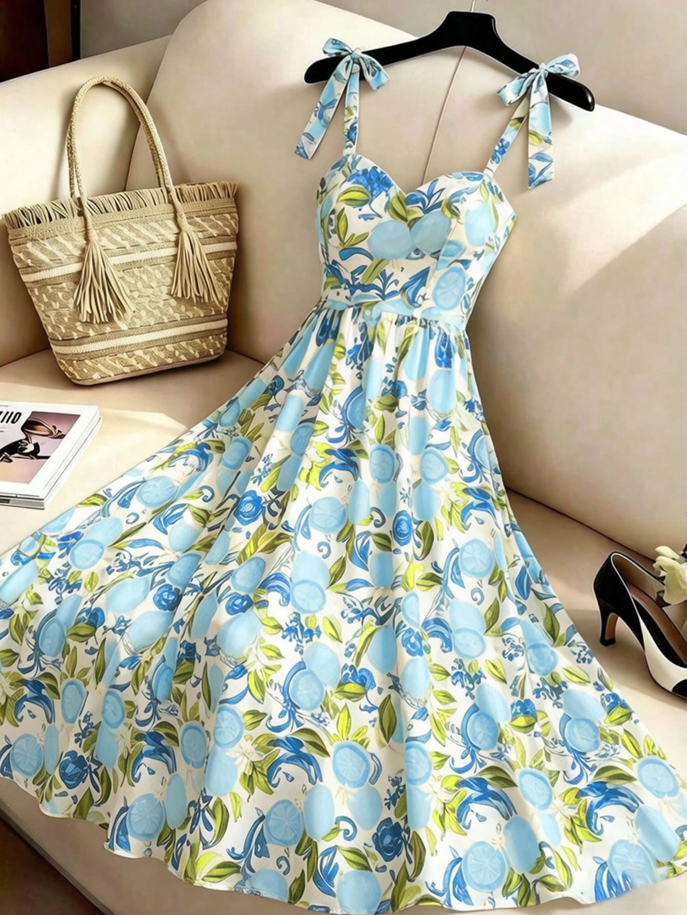Qadelle Women's Summer Tie Shoulder Decor Beach Vacation Holiday Casual Long Dress With Lemon Floral Print