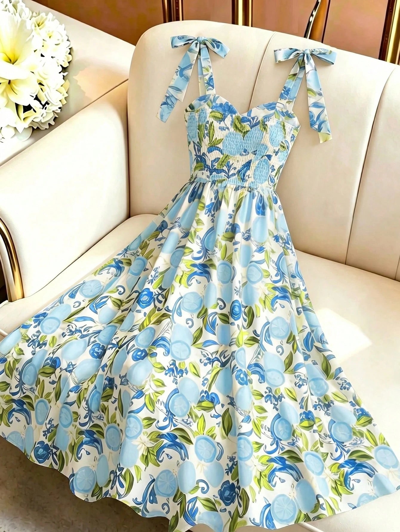 Qadelle Women's Summer Tie Shoulder Decor Beach Vacation Holiday Casual Long Dress With Lemon Floral Print