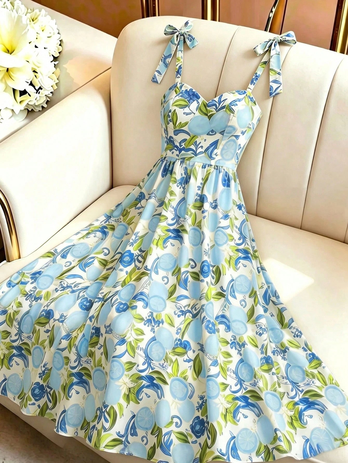 Qadelle Women's Summer Tie Shoulder Decor Beach Vacation Holiday Casual Long Dress With Lemon Floral Print