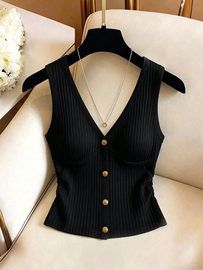 Qadelle Women's V-Neck Pleated Button Decorated Vest, Women's Fashion Elegant Vest, Solid Color Vest, Ribbed Knit Vest, Suitable For Daily Wear And Dates