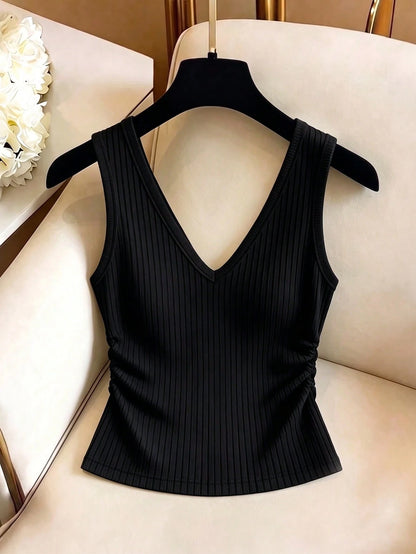 Qadelle Women's V-Neck Pleated Button Decorated Vest, Women's Fashion Elegant Vest, Solid Color Vest, Ribbed Knit Vest, Suitable For Daily Wear And Dates