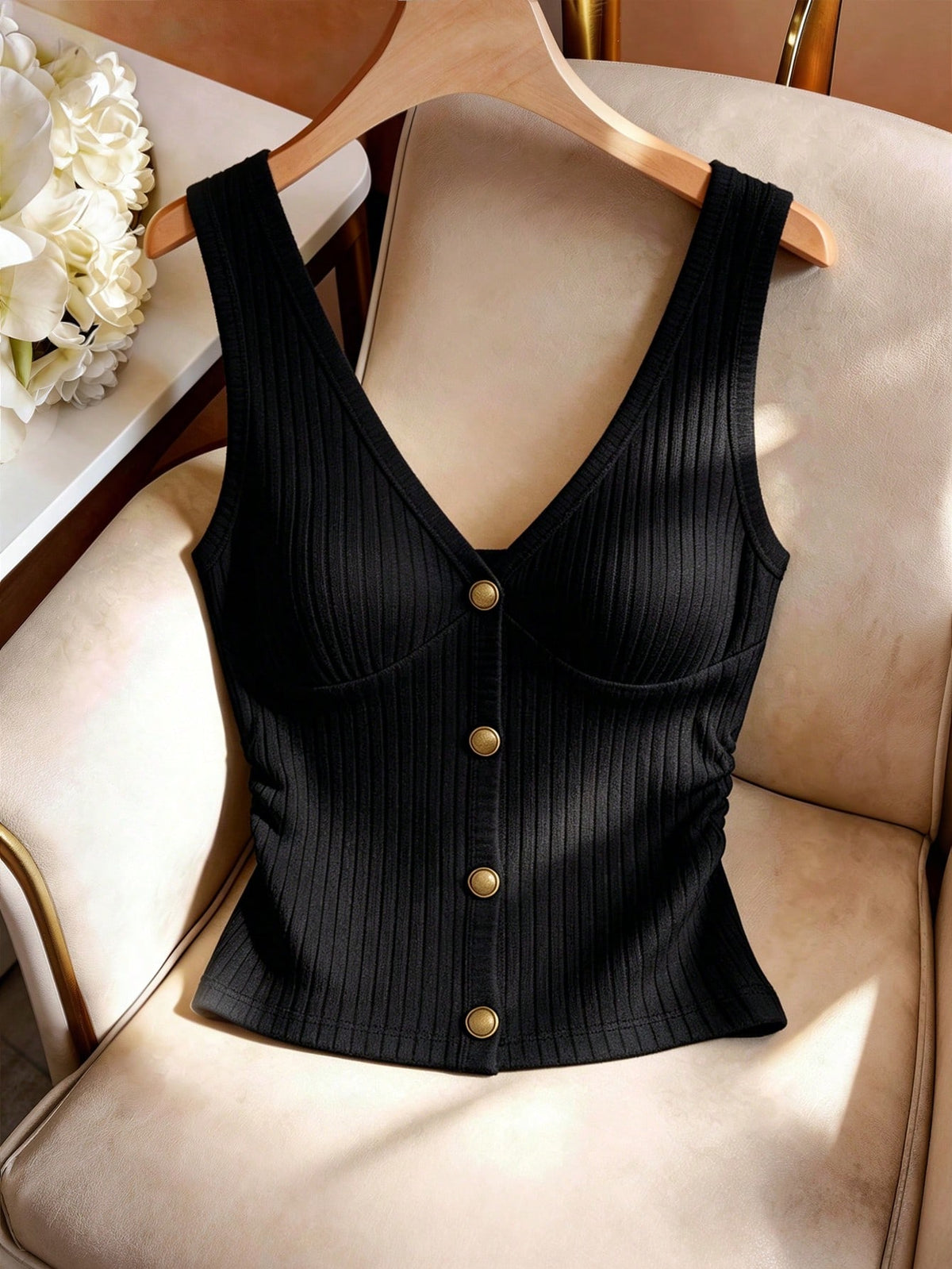 Qadelle Women's V-Neck Pleated Button Decorated Vest, Women's Fashion Elegant Vest, Solid Color Vest, Ribbed Knit Vest, Suitable For Daily Wear And Dates