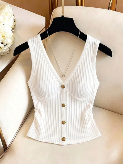 Qadelle Women's V-Neck Pleated Button Decorated Vest, Women's Fashion Elegant Vest, Solid Color Vest, Ribbed Knit Vest, Suitable For Daily Wear And Dates
