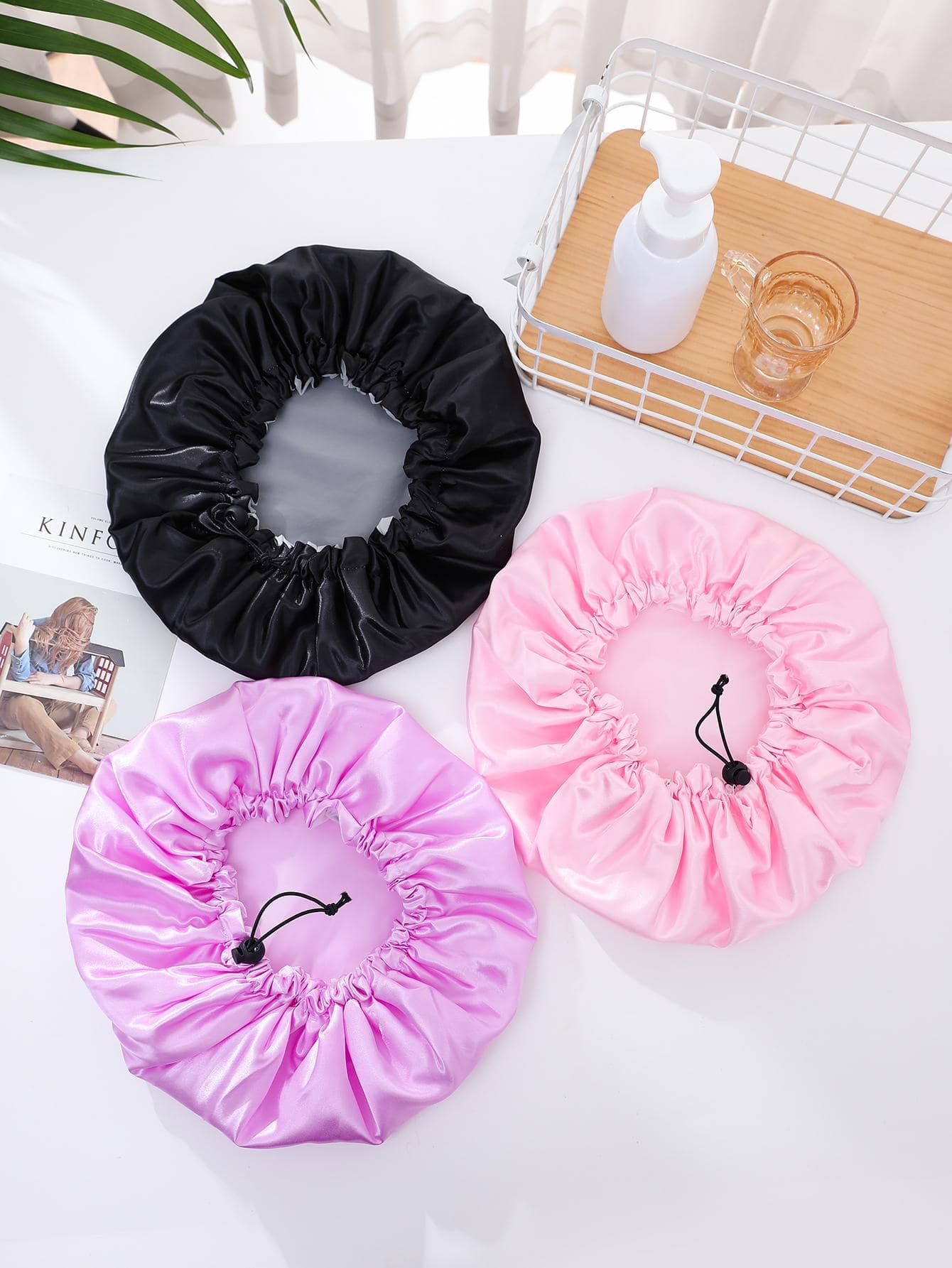 QINGMYU Double Layer Waterproof Drawstring Adjustable Shower Cap, Solid Color Black, Pink Home Bathroom Decor Fall Decor Back To School