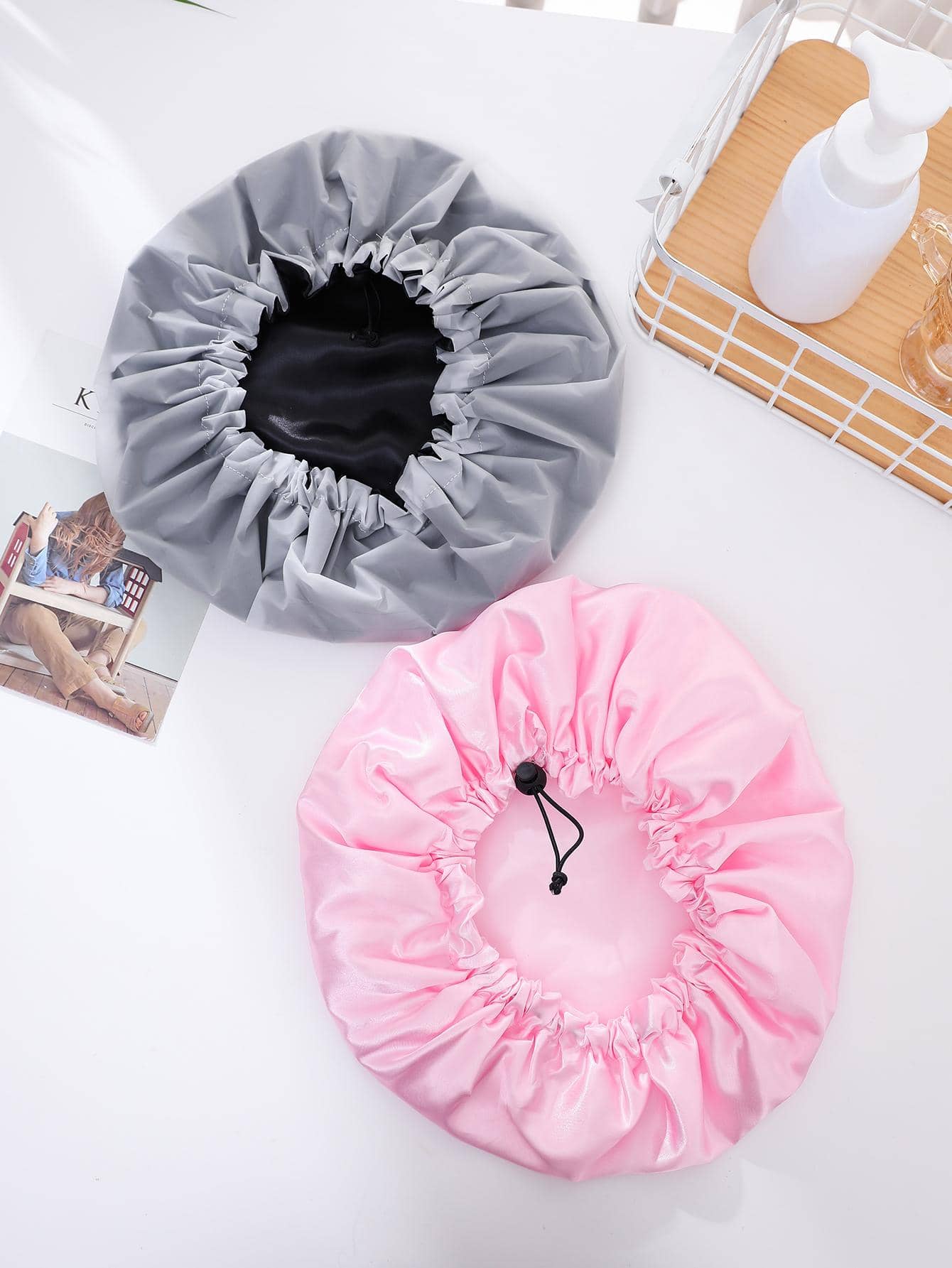 QINGMYU Double Layer Waterproof Drawstring Adjustable Shower Cap, Solid Color Black, Pink Home Bathroom Decor Fall Decor Back To School