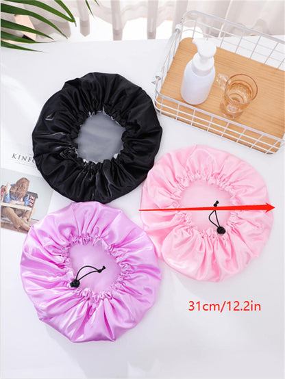QINGMYU Double Layer Waterproof Drawstring Adjustable Shower Cap, Solid Color Black, Pink Home Bathroom Decor Fall Decor Back To School