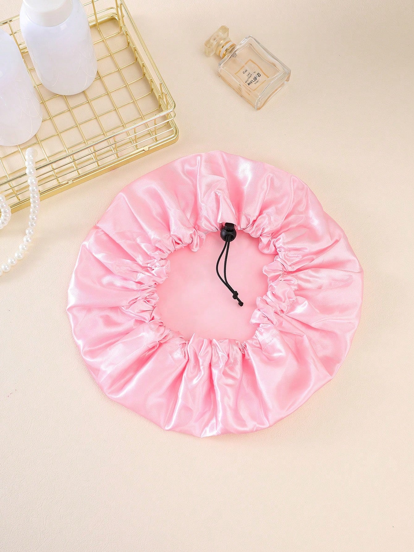 QINGMYU Double Layer Waterproof Drawstring Adjustable Shower Cap, Solid Color Black, Pink Home Bathroom Decor Fall Decor Back To School