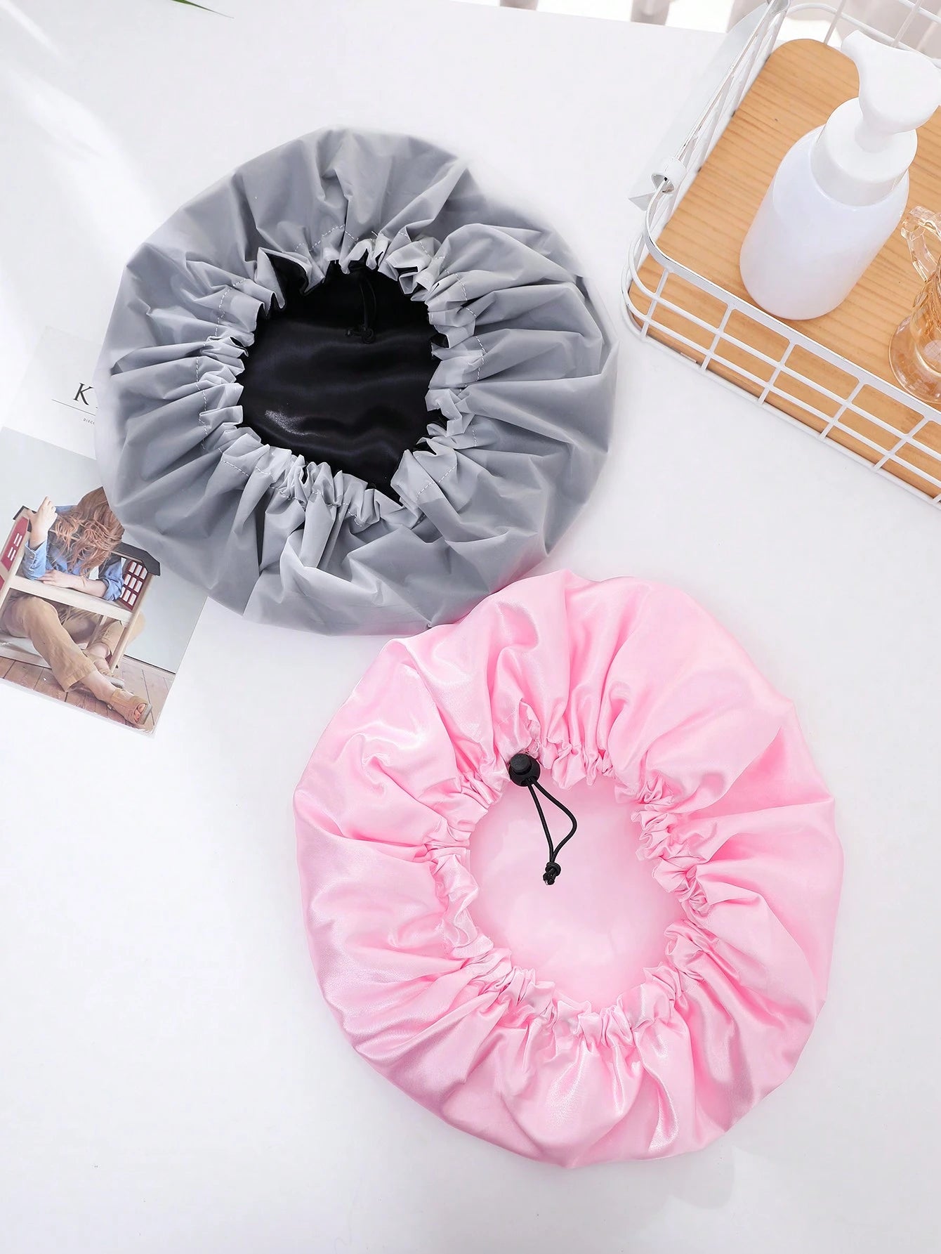 QINGMYU Double Layer Waterproof Drawstring Adjustable Shower Cap, Solid Color Black, Pink Home Bathroom Decor Fall Decor Back To School