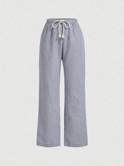 Qutie Casual Striped Wide Leg Pants With Drawstring Waist