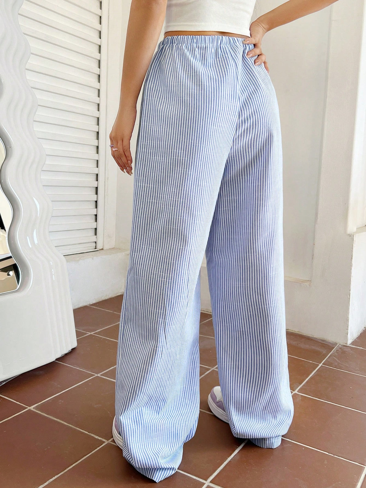 Qutie Casual Striped Wide Leg Pants With Drawstring Waist