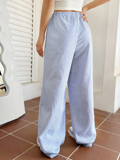 Qutie Casual Striped Wide Leg Pants With Drawstring Waist