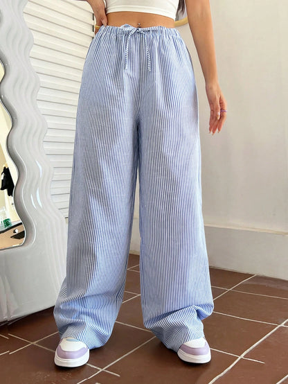 Qutie Casual Striped Wide Leg Pants With Drawstring Waist