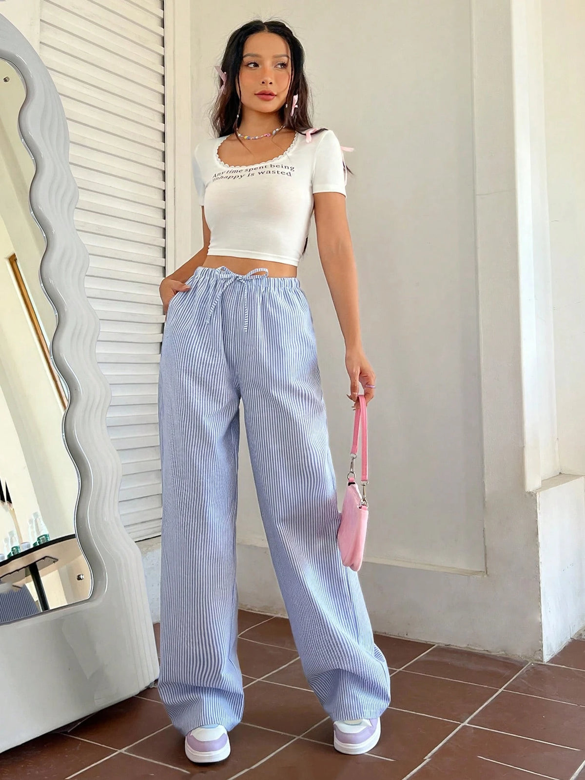 Qutie Casual Striped Wide Leg Pants With Drawstring Waist