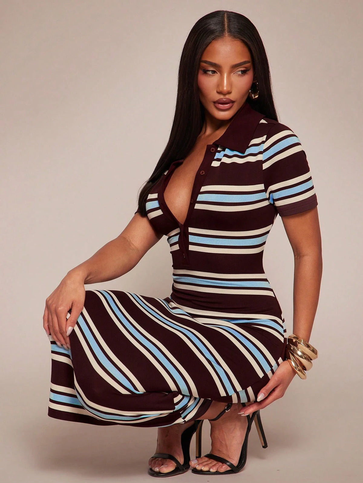 Radiana Summer Casual Dark Brown Short Sleeve Polo Collar Fitted Dress, Retro Mid-Length Contrast Brunch Going Out Date, Commuting, Office Vacation Wear