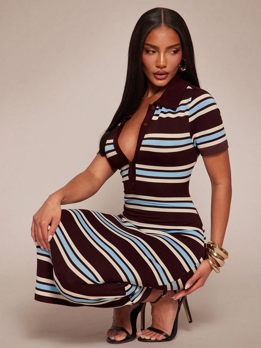 Radiana Summer Casual Dark Brown Short Sleeve Polo Collar Fitted Dress, Retro Mid-Length Contrast Brunch Going Out Date, Commuting, Office Vacation Wear