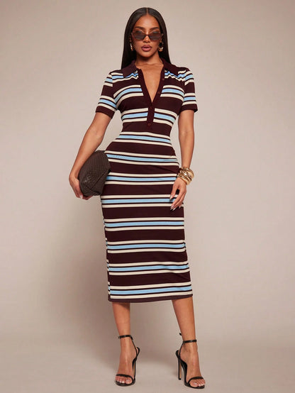 Radiana Summer Casual Dark Brown Short Sleeve Polo Collar Fitted Dress, Retro Mid-Length Contrast Brunch Going Out Date, Commuting, Office Vacation Wear