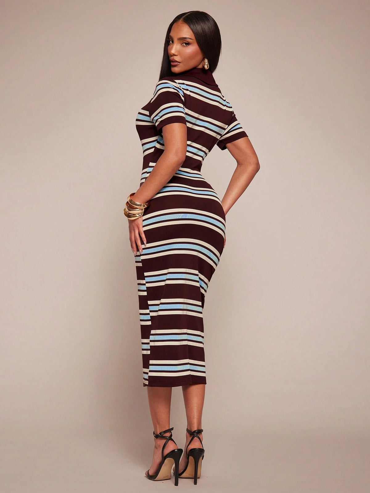 Radiana Summer Casual Dark Brown Short Sleeve Polo Collar Fitted Dress, Retro Mid-Length Contrast Brunch Going Out Date, Commuting, Office Vacation Wear