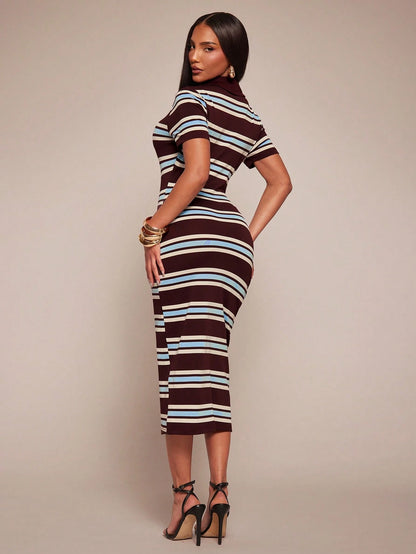Radiana Summer Casual Dark Brown Short Sleeve Polo Collar Fitted Dress, Retro Mid-Length Contrast Brunch Going Out Date, Commuting, Office Vacation Wear