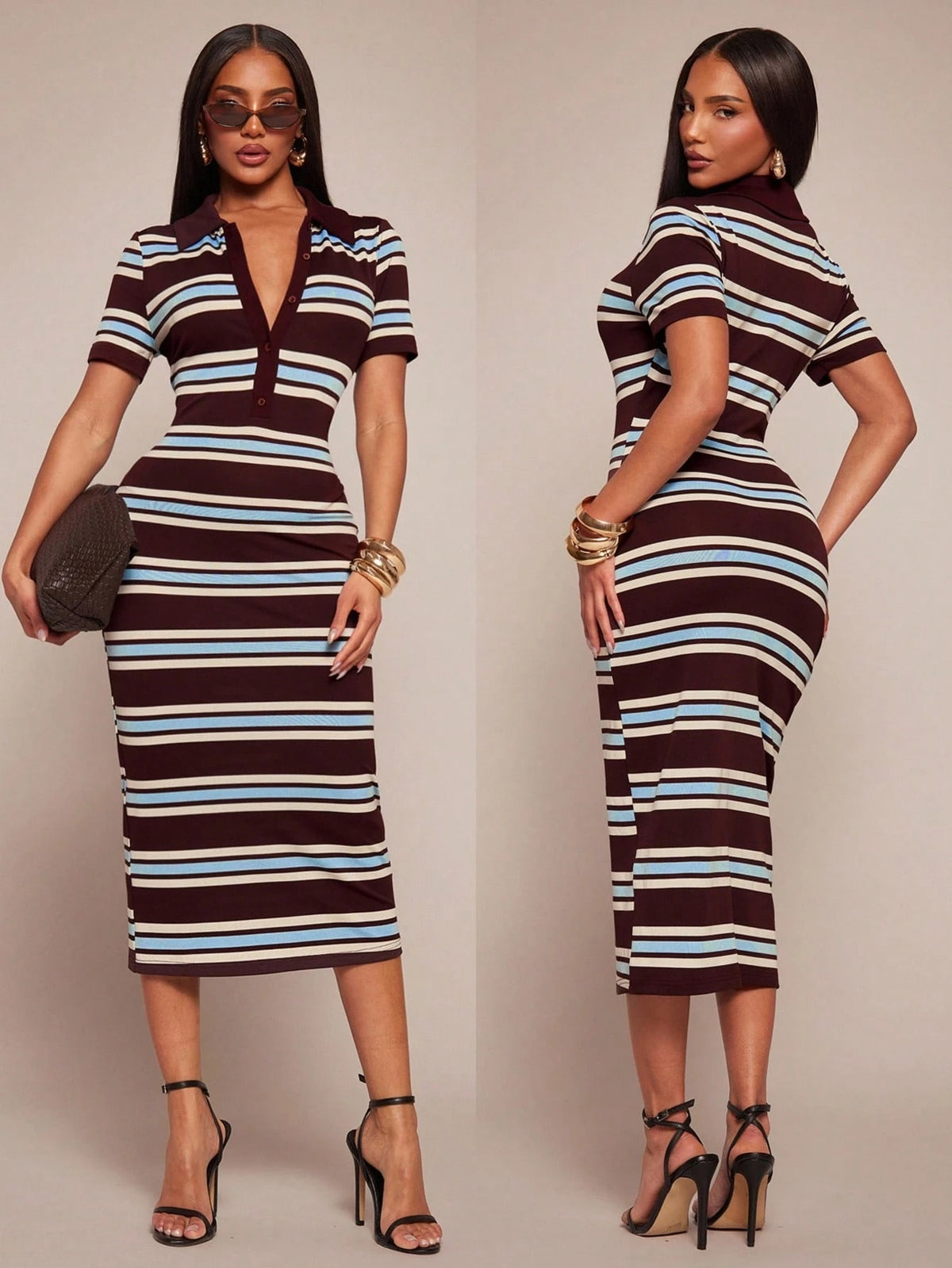 Radiana Summer Casual Dark Brown Short Sleeve Polo Collar Fitted Dress, Retro Mid-Length Contrast Brunch Going Out Date, Commuting, Office Vacation Wear