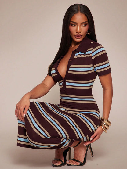 Radiana Summer Casual Dark Brown Short Sleeve Polo Collar Fitted Dress, Retro Mid-Length Contrast Brunch Going Out Date, Commuting, Office Vacation Wear