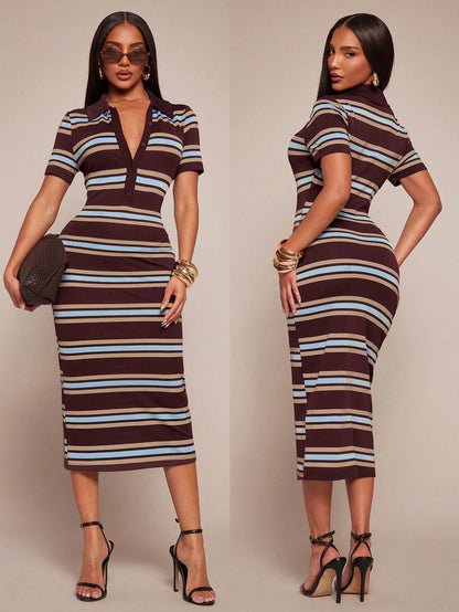 Radiana Summer Casual Dark Brown Short Sleeve Polo Collar Fitted Dress, Retro Mid-Length Contrast Brunch Going Out Date, Commuting, Office Vacation Wear