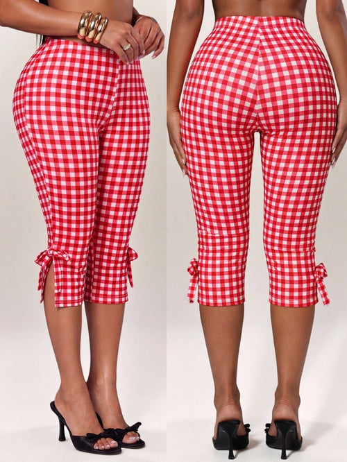 Radiana Women's Plaid Bow Fashion Casual Cute Alt Capri Pants Oktoberfest Vacation Party Red And White Plaid Summer
