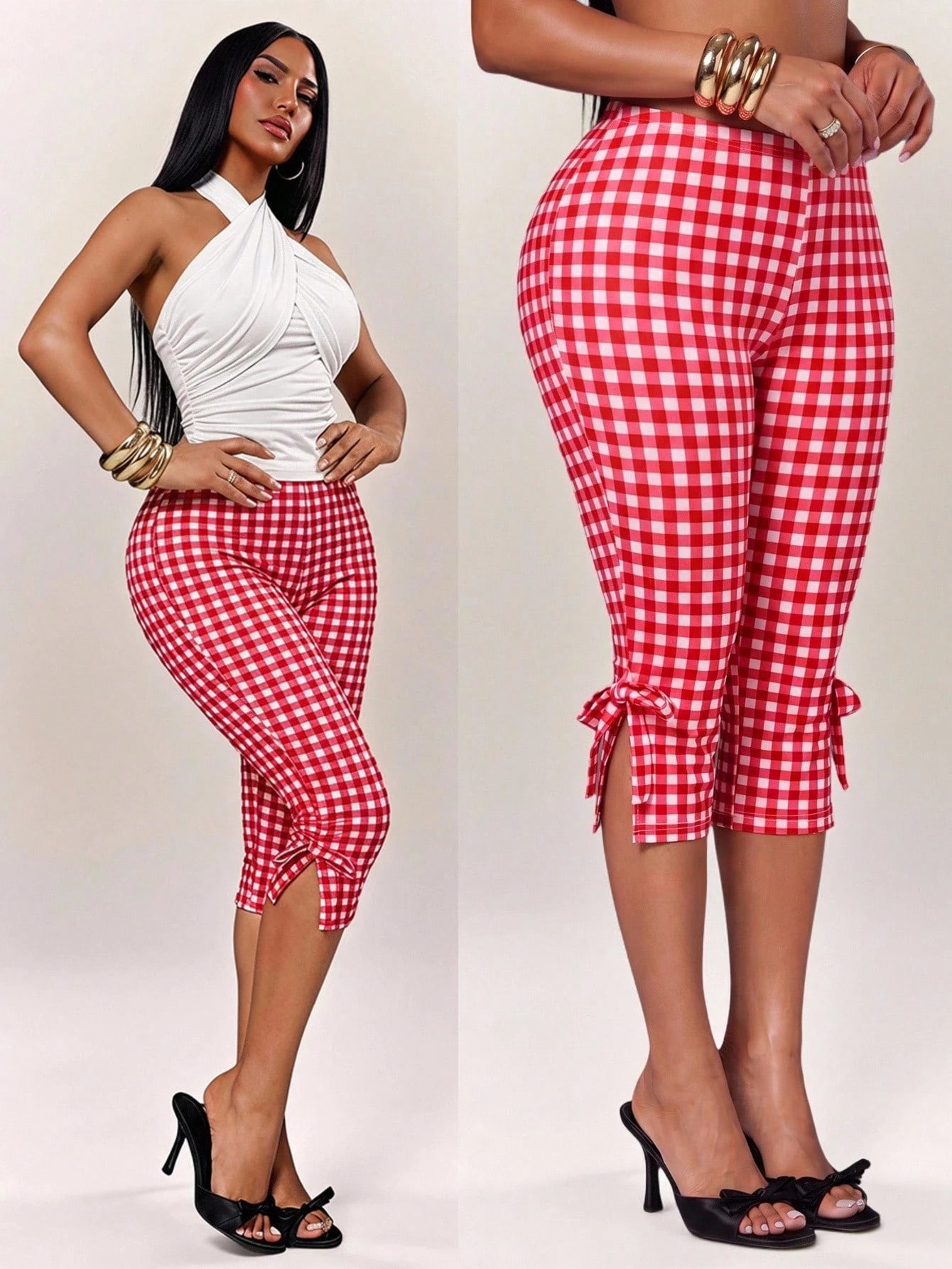 Radiana Women's Plaid Bow Fashion Casual Cute Alt Capri Pants Oktoberfest Vacation Party Red And White Plaid Summer