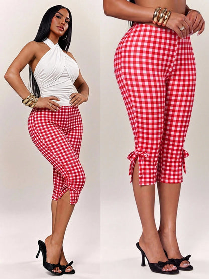 Radiana Women's Plaid Bow Fashion Casual Cute Alt Capri Pants Oktoberfest Vacation Party Red And White Plaid Summer