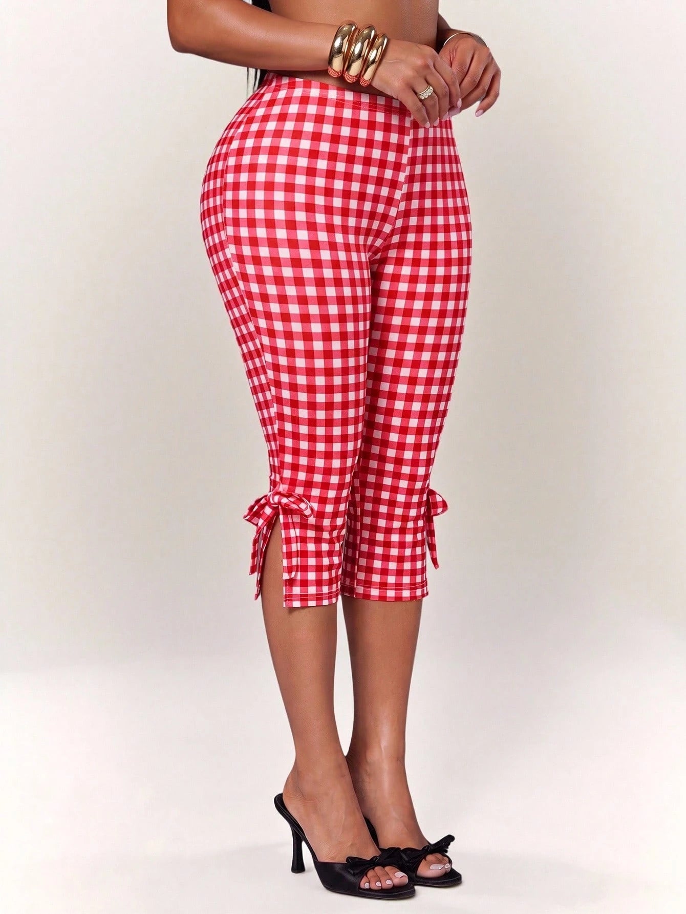 Radiana Women's Plaid Bow Fashion Casual Cute Alt Capri Pants Oktoberfest Vacation Party Red And White Plaid Summer