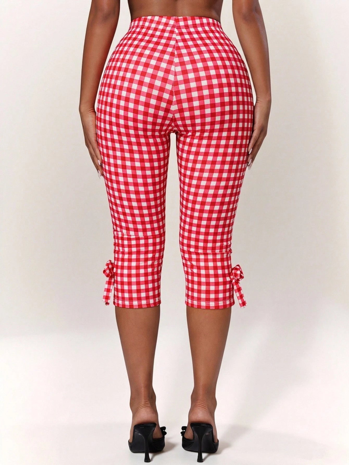 Radiana Women's Plaid Bow Fashion Casual Cute Alt Capri Pants Oktoberfest Vacation Party Red And White Plaid Summer