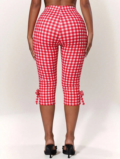 Radiana Women's Plaid Bow Fashion Casual Cute Alt Capri Pants Oktoberfest Vacation Party Red And White Plaid Summer