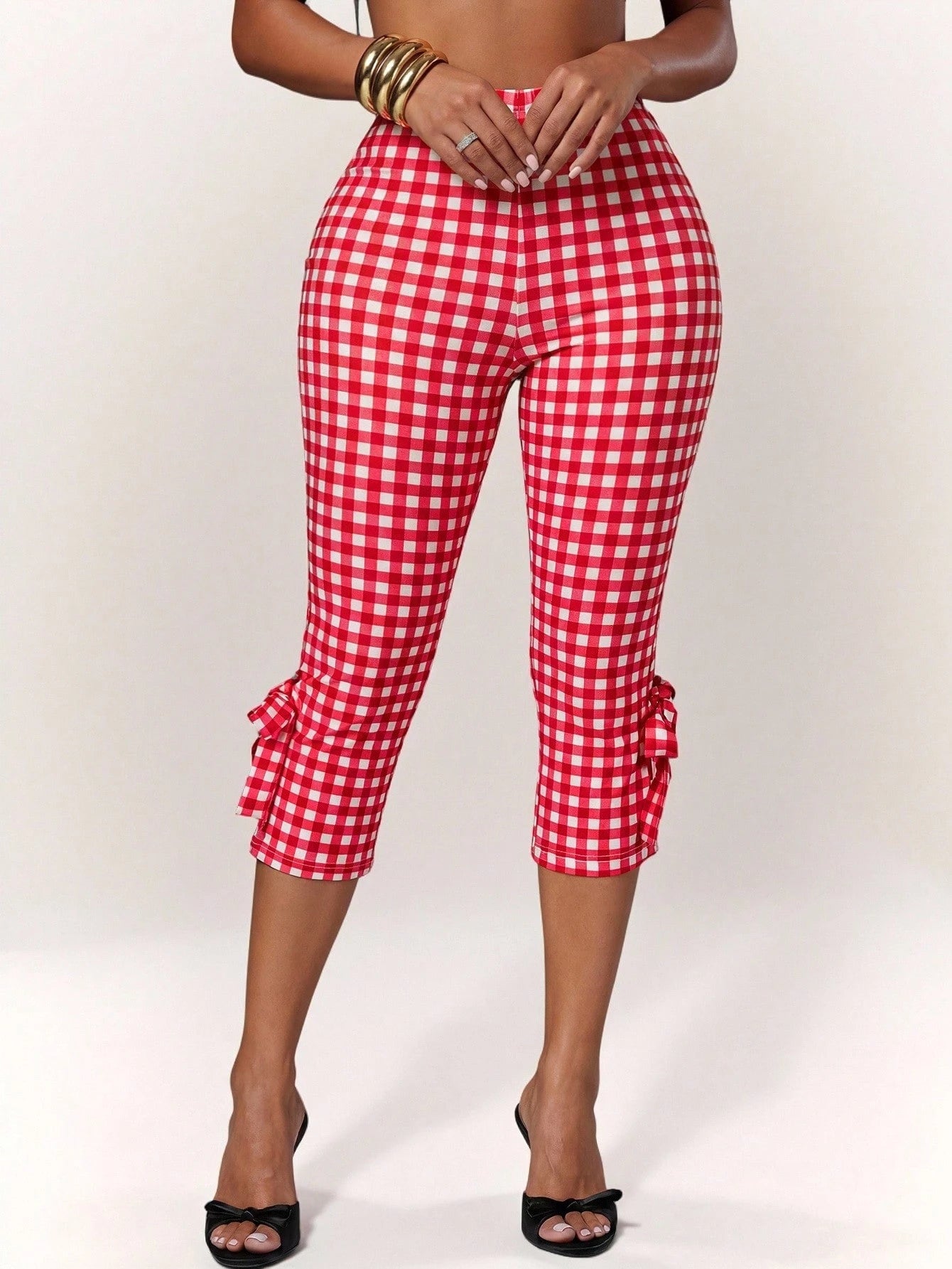 Radiana Women's Plaid Bow Fashion Casual Cute Alt Capri Pants Oktoberfest Vacation Party Red And White Plaid Summer