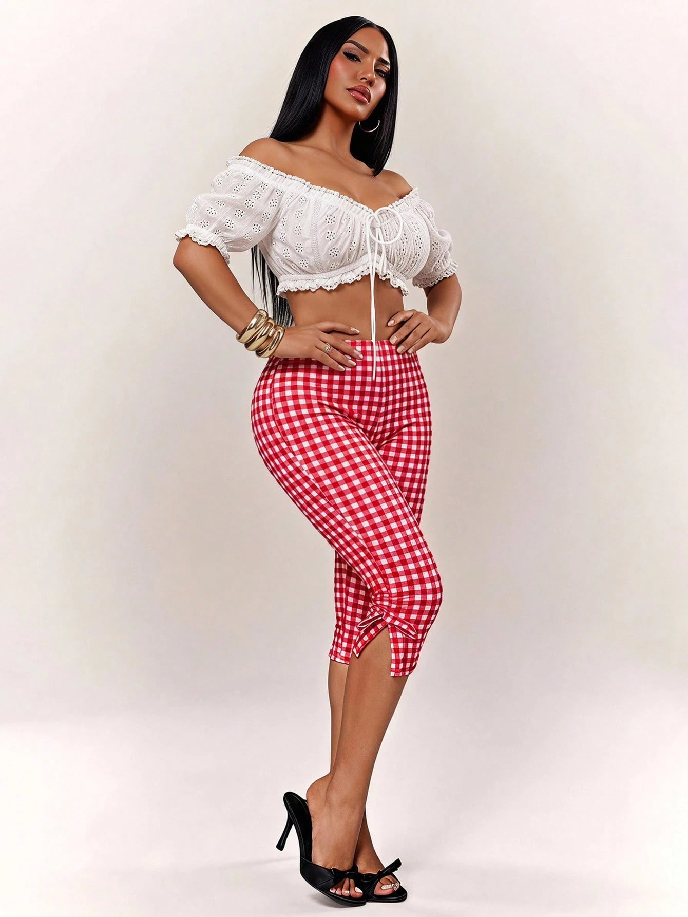 Radiana Women's Plaid Bow Fashion Casual Cute Alt Capri Pants Oktoberfest Vacation Party Red And White Plaid Summer