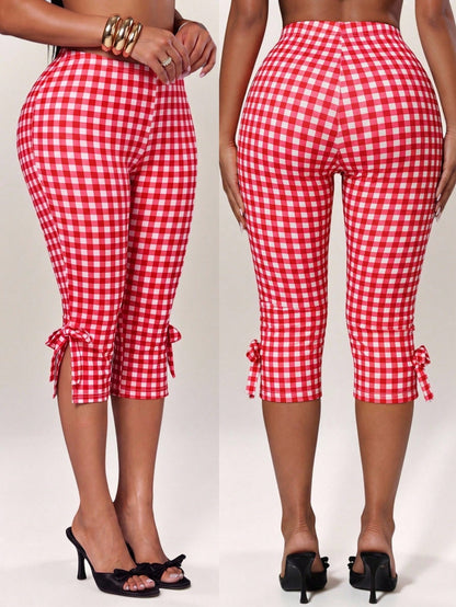 Radiana Women's Plaid Bow Fashion Casual Cute Alt Capri Pants Oktoberfest Vacation Party Red And White Plaid Summer
