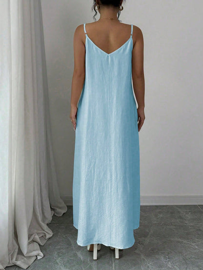Rafferiza 1pc Women Casual Adjustable Strap Loose A-Line Mid-Length Dress Maxi Women Outfit