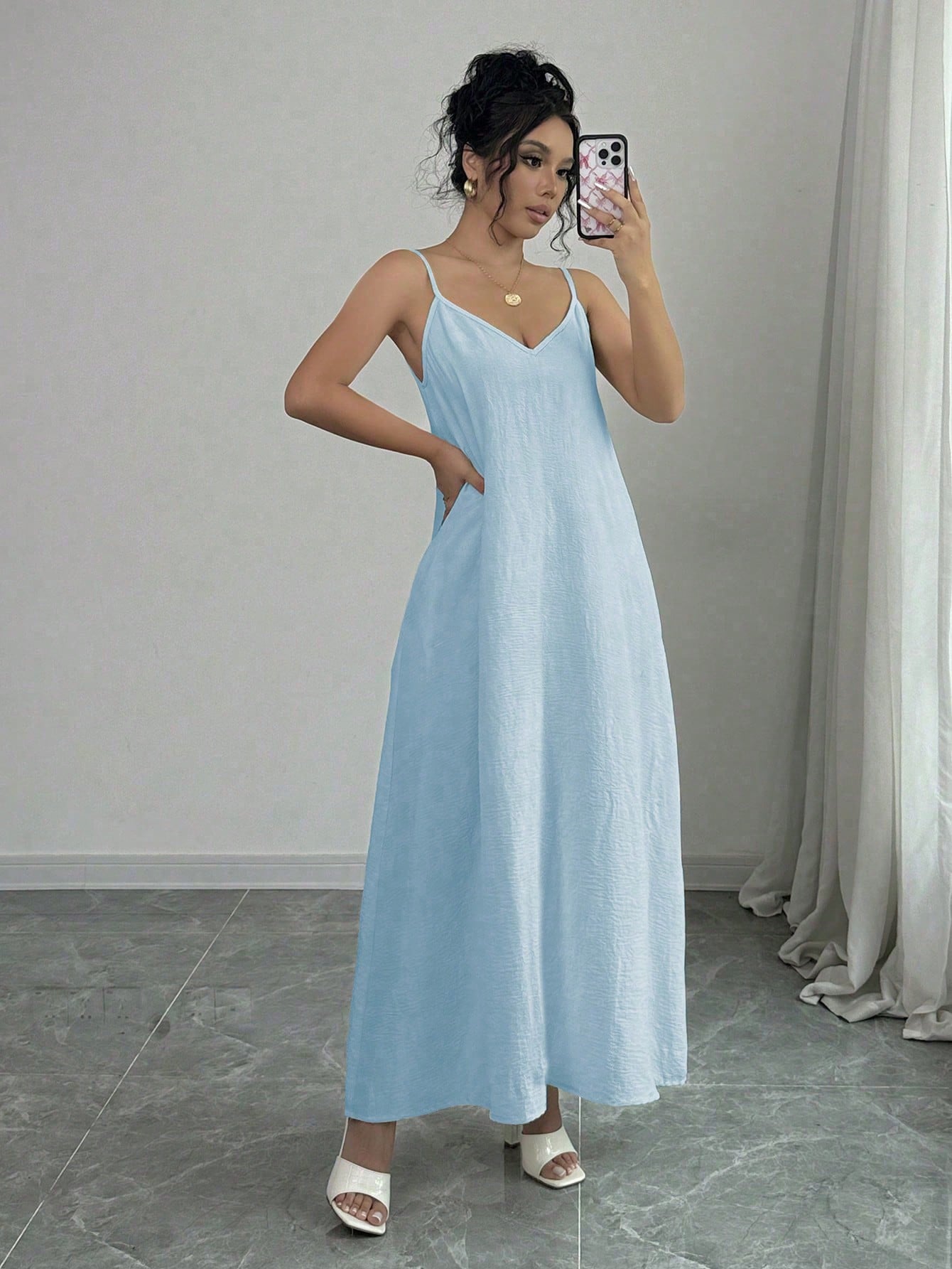 Rafferiza 1pc Women Casual Adjustable Strap Loose A-Line Mid-Length Dress Maxi Women Outfit