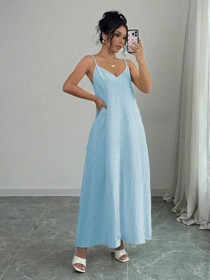 Rafferiza 1pc Women Casual Adjustable Strap Loose A-Line Mid-Length Dress Maxi Women Outfit