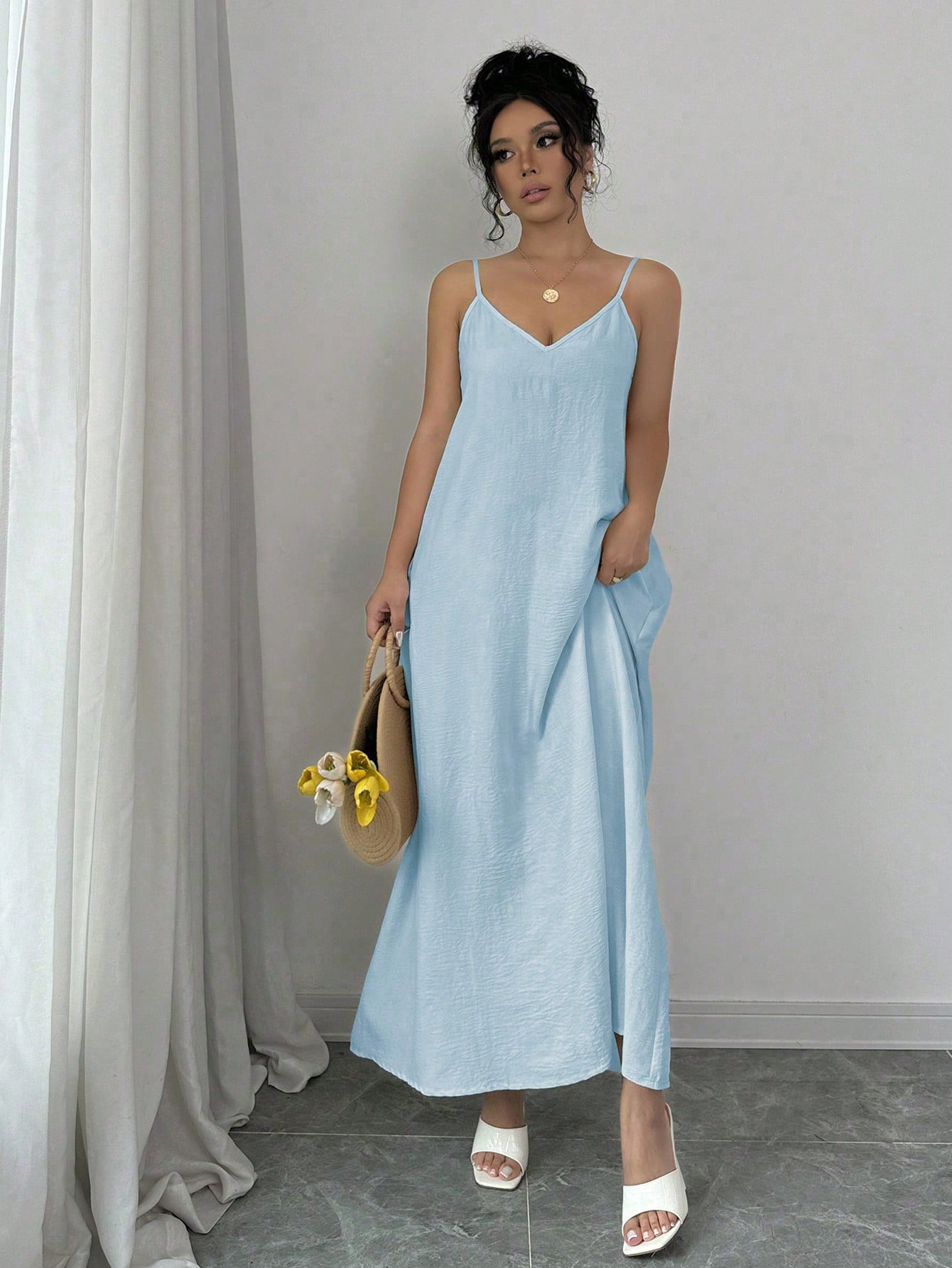 Rafferiza 1pc Women Casual Adjustable Strap Loose A-Line Mid-Length Dress Maxi Women Outfit